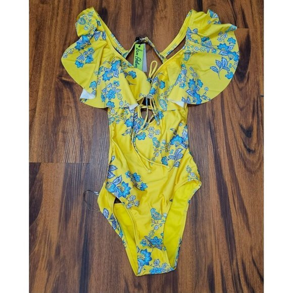 Sam Edelman Cut Out Yellow Ruffle Blue Floral One Piece Women's Swimsuit Size XS - Picture 3 of 10